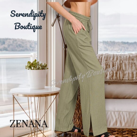 Zenana Baggy Flare Leg Elastic Drawstring Baggy Lightweight Linen Pants. - Picture 2 of 8
